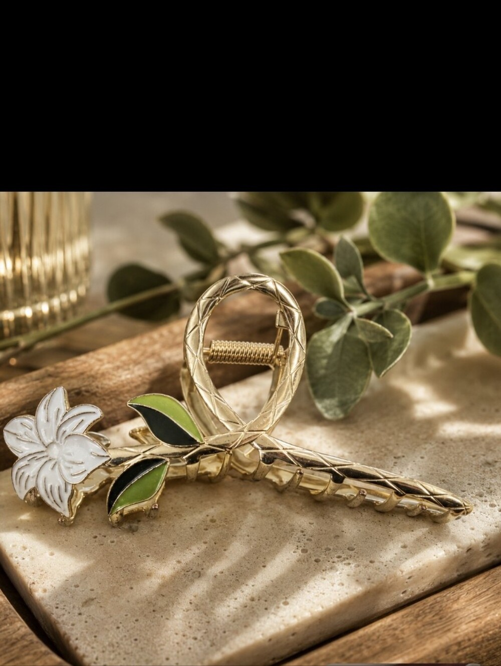Gold Floral Leaf Hair Clip with White Flower Accent